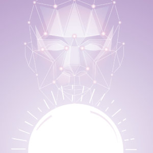 Vector illustration of artificial intelligence cyborg face looking into a glowing crystal ball
