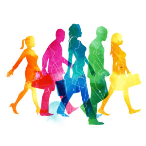 Colorful watercolor of businesspeople walking with briefcases