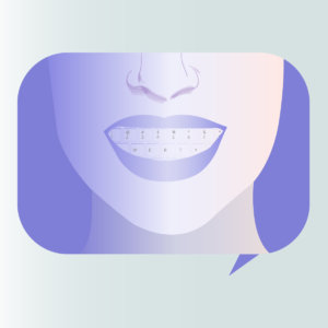 Vector illustration of chat bubble enclosing smiling chat bot face with computer keyboard keys for teeth
