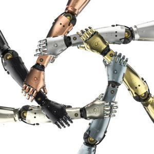 Robot arms of different colored metals linking arms together to form a circle
