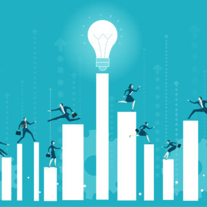 Business people jumping on growth diagram bars with the leading center bar topped by a lightbulb indicating innovation