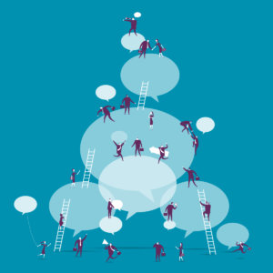 Illustration depicting people in conversations climbing ladders between giant chat bubbles