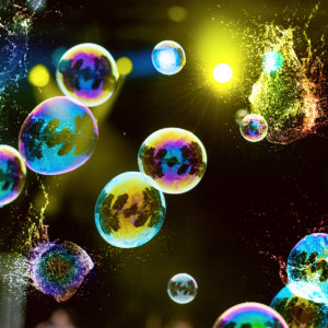 Vibrant bubbles floating in a group with some bursting into water droplet explosions